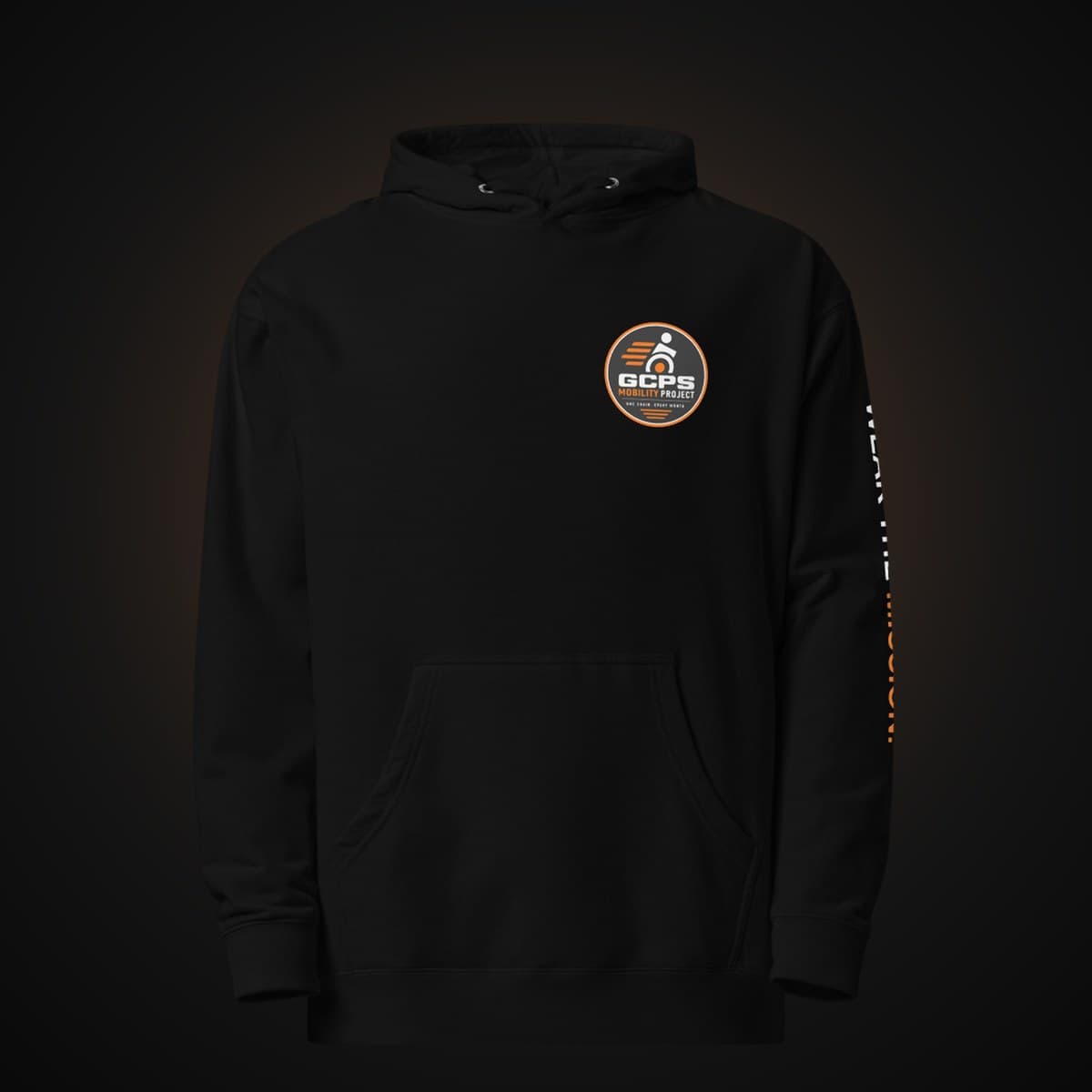Front of the black GCPS Mobility Project Hoodie with a small GCPS Mobility Project badge on the left chest and "Wear the Mission." printed down the sleeve