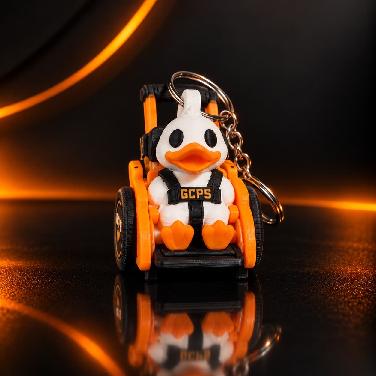 GCPS Mobility Duck keychain, front view, seated in its adaptive-chair form with the keyring attached