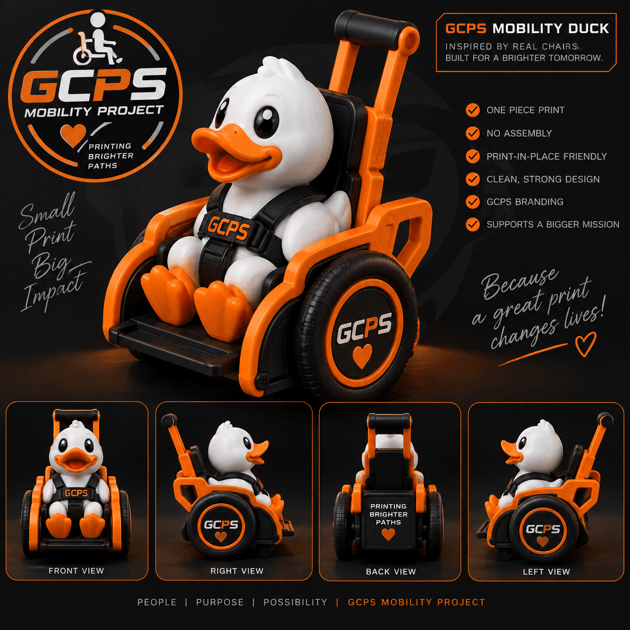 Concept board for the GCPS Mobility Duck showing early design exploration in the GCPS orange, black, and white colorway