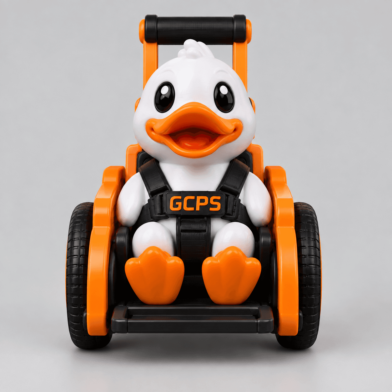 GCPS Mobility Duck collectible, front view, seated in its adaptive-chair form with large rear wheels and a supportive seat